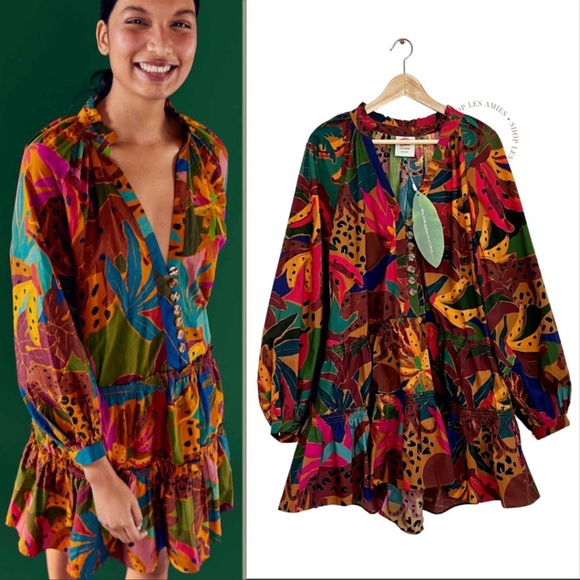 FARM Rio Dresses & Skirts - NWT FARM Rio Leopard Jungle Tropical Long Puff Sleeves A Line Mini Dress Medium